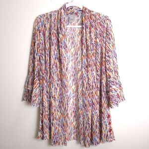 Multiples Sheer Flowy Red Blue Yellow Artsy Lagenlook 3/4 Sleeve Open Cardigan M